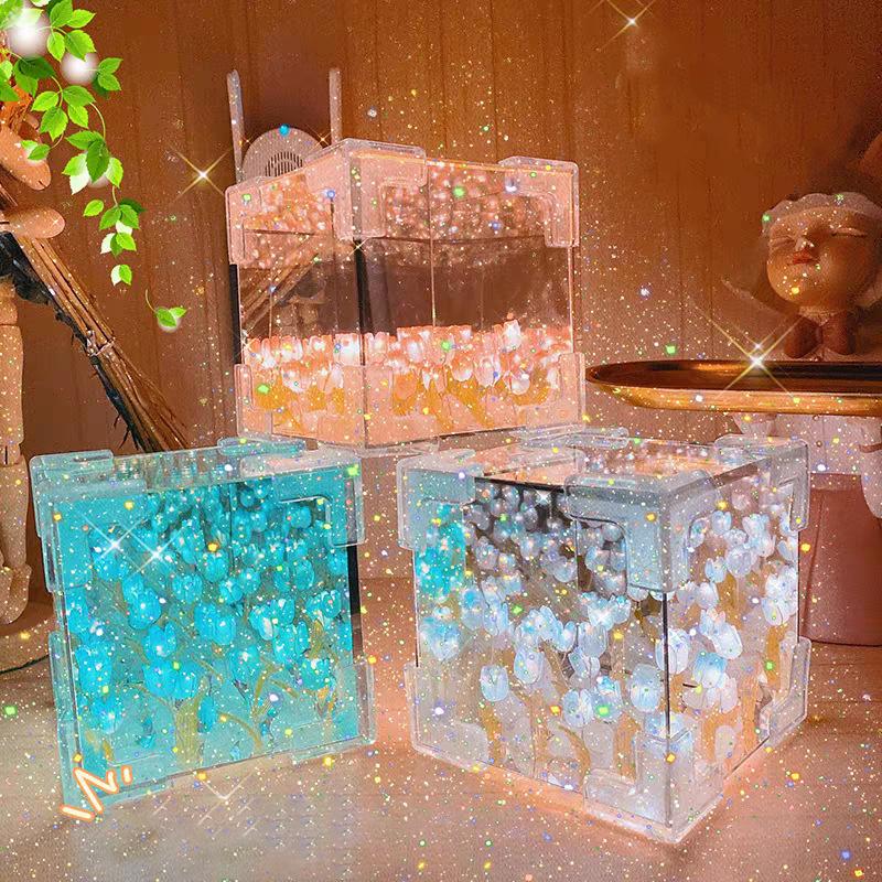 3D Mirror Night Light With Tulip Flower Sea Design, Diy Handmade Night Light Ornament, Small Gift 3D Tulip Diy Night Light