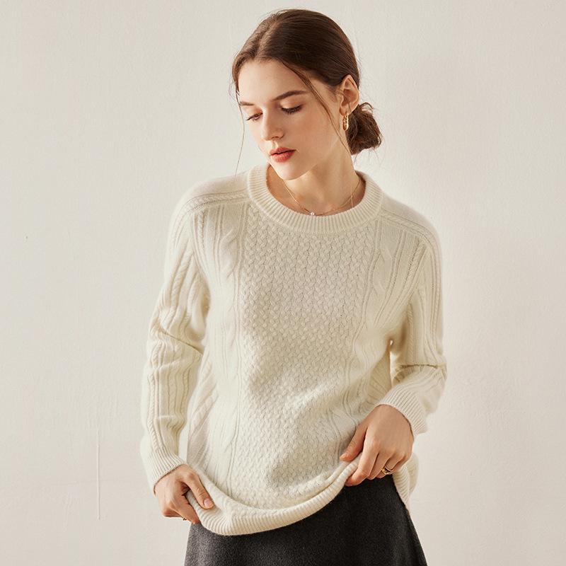 Women's Heavy Knit Cashmere Aran Sweater: Saddle Shoulder, Round Neck, Long Sleeve Pullover for Autumn/Winter, Solid Color, Casual & Versatile.