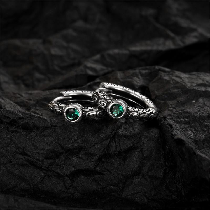 Vintage Thai Silver Green Zircon Hoop Earrings for Women Retro Circle Punk Ear Buckle Party Jewelry Gifts