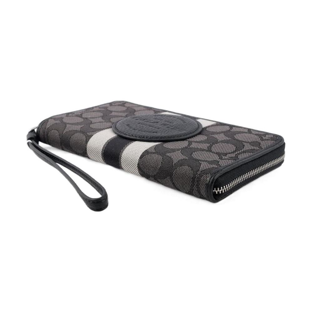 Coach Dempsey 18 Round Logo Stripe Jacquard Pebble Leather Wallet Women Wallet Black C9073-SVRT6