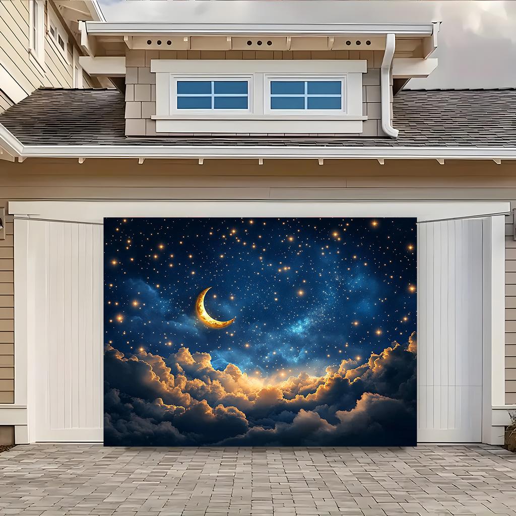 One New Moon Starry Night Sky Background Fabric Featuring Twinkling Stars and Cloud Patterns - Made of Polyester Material