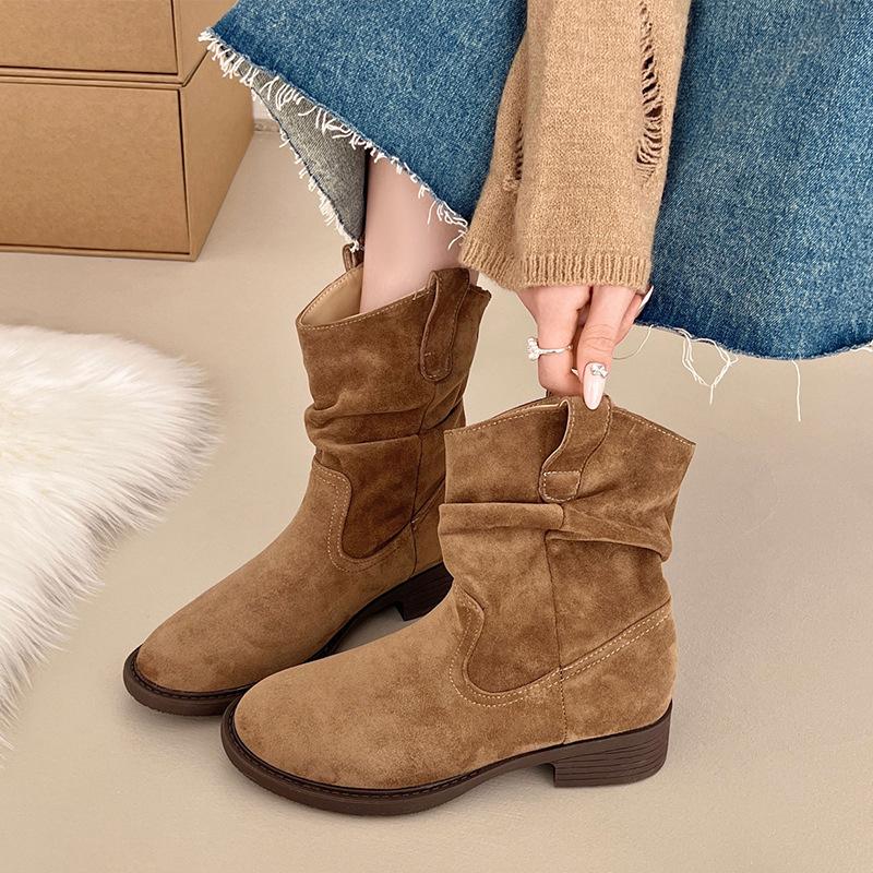Maillard Western Folded Short Boots Women's Spring and Autumn Single Boots Pile Boots Retro British Style Small Thick Heel Martin Boots