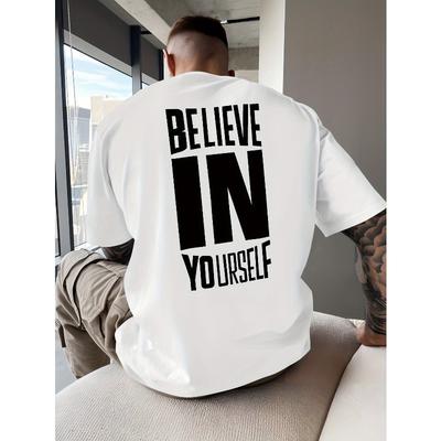 Men'S "Believe In Yourself" Yellow T-Shirt - Casual Crew Neck, Short Sleeve, Breathable & Versatile for Beach Vacations, Summer Top