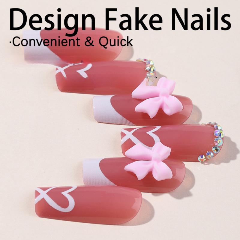 24Pcs Pink Bow Press On Nails Pearl Design Acrylic Nails Ballerina Full Cover French False Nail Tips for Women