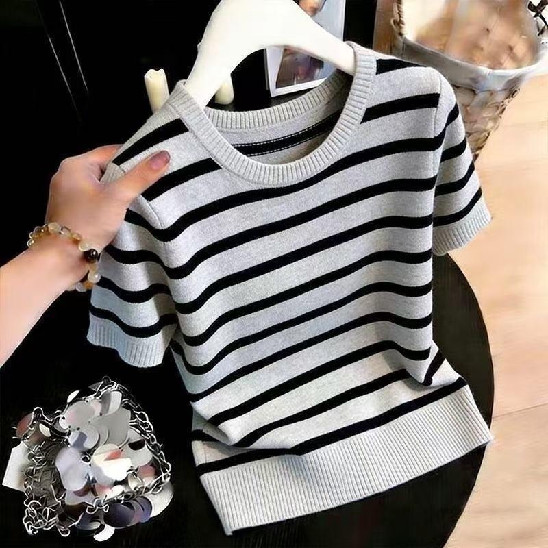 Summer American retro knitted sweater gray-black contrasting color striped round neck short-sleeved women s loose and thin simple versatile shirt S