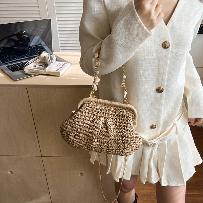 Yogodlns Summer Straw Weaving Crossbody Bag Fashionable Shell Bag Women's Chain Strap Shoulder Bag