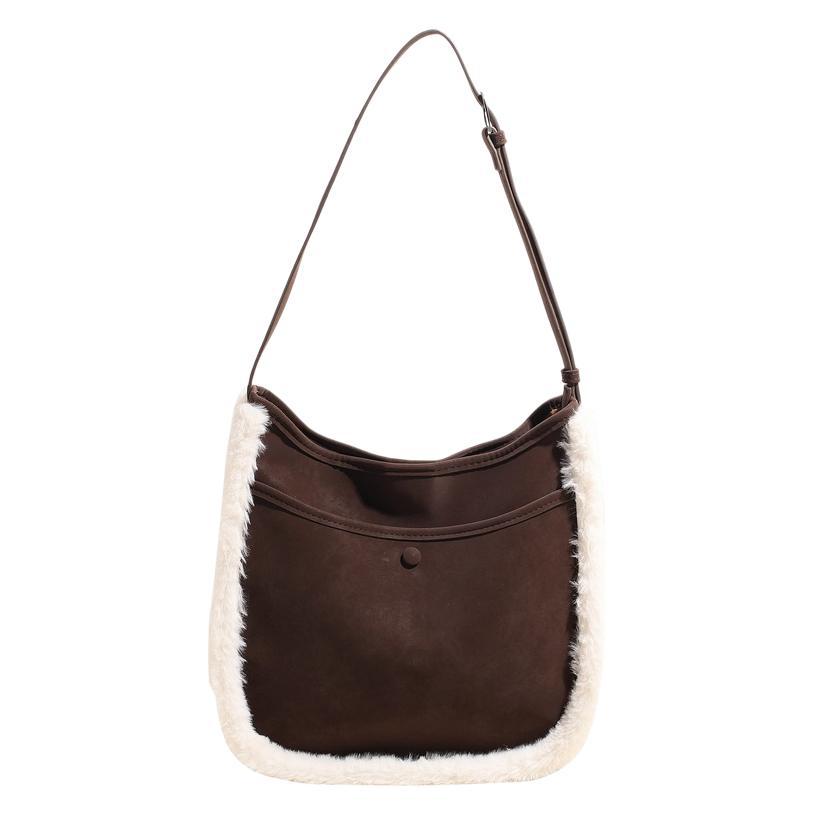 2025 new autumn and winter matte leather with fur bag, bucket bag, women's oblique span, high-end sense, large-capacity tote bag