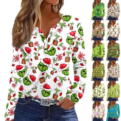 Camiseta feminina com estampa de Natal e botões, manga longa, moda diária, fim de semana, básica, gola em V, top regular