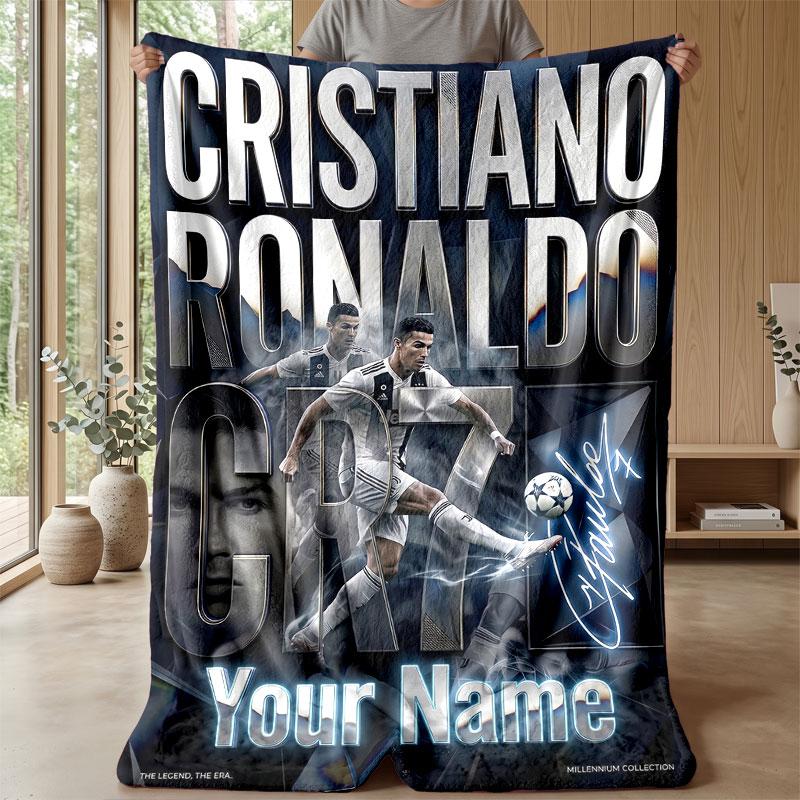 Cristiano Ronaldo Custom Name Text Flannel Blanket Soccer Logo Personalized Fleece Throw Blanket Special Gift For Sofa Bedroom Home