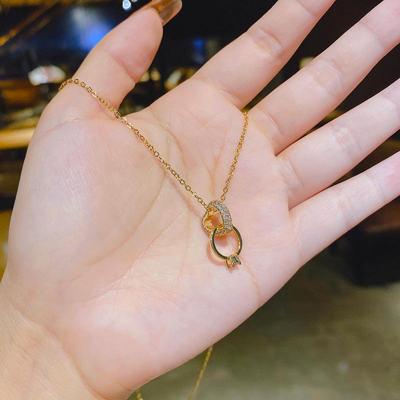 14K Gold Double Ring Necklace with Rhinestones - 2022 Light Luxury Collection