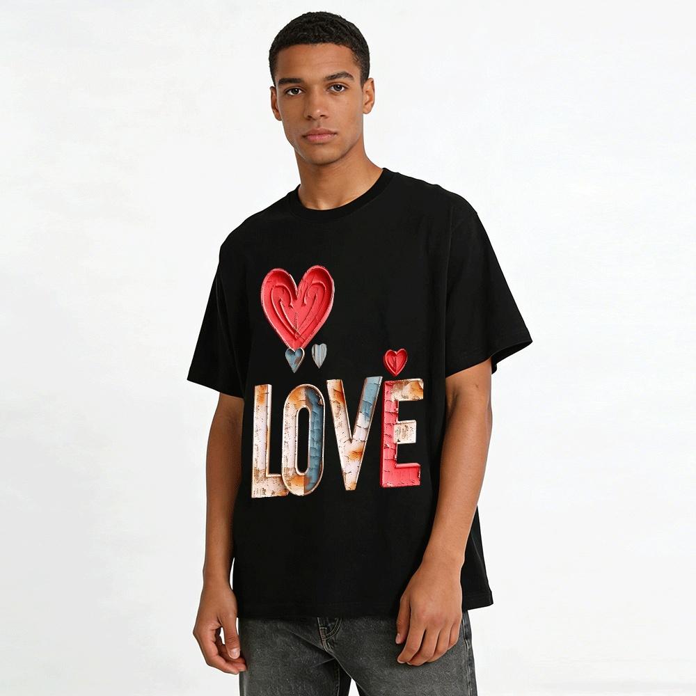 Vintage Distressed Heart LOVE Print Casual Couple Short Sleeve Top Pure Cotton T-shirt