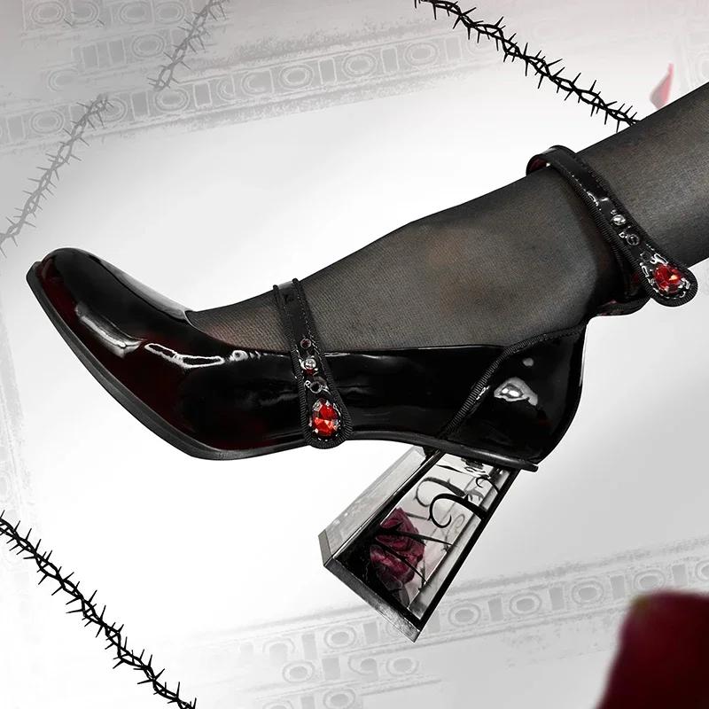 Fashion Punk Gothic High Heels Pumps Women 2024 New Rose Heeled Patent Leather Shoes Woman Ankle Straps Black Mary Jane Shoes