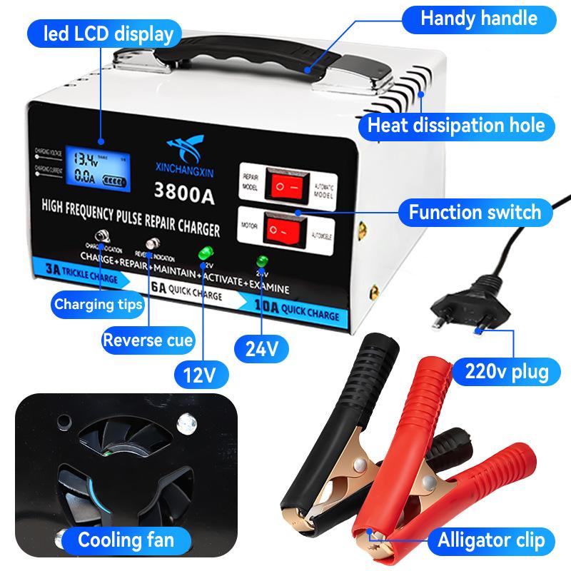 12V24V 220W Motorcycle Battery Automatic Charger Car Battery Fully Automatic High Frequency Intelligent Pulse Charger LCD Display High Power