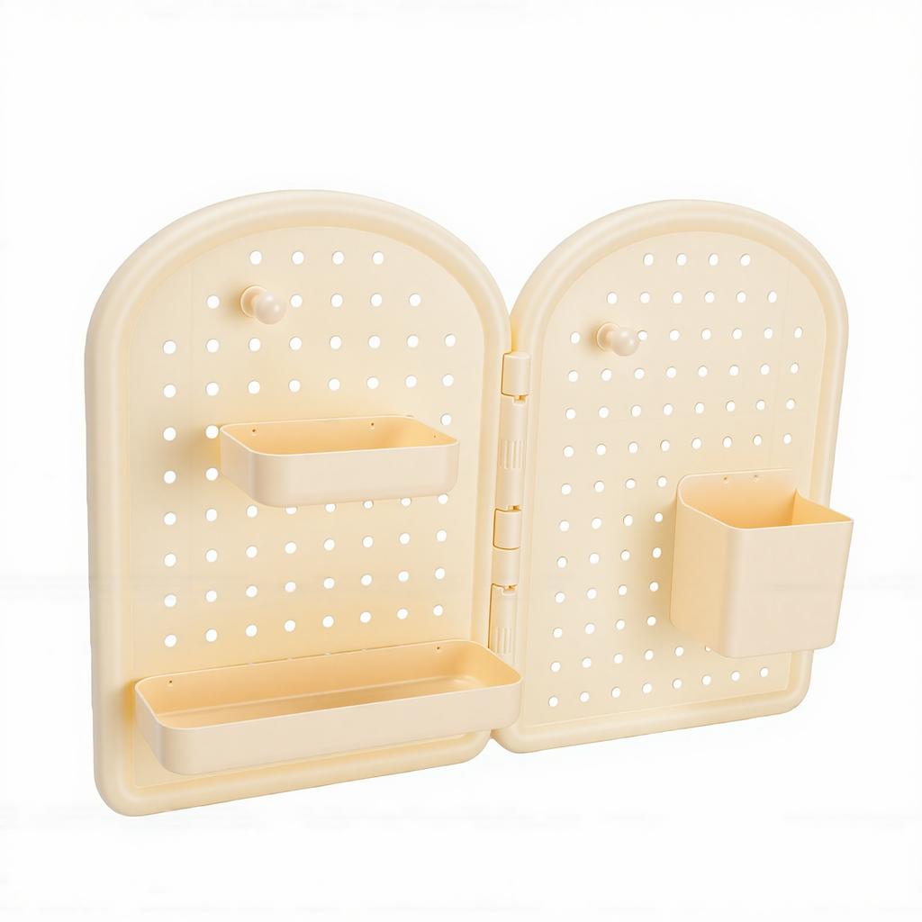Pen Holder Desk Organizer Wall Mounted Plastic Corner Pegboard for Students Home Office with Adhesive Hooks Cream Yellow