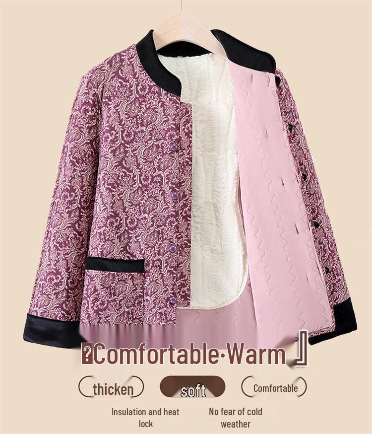 Elegant Chinese-Style Cotton Jacket for Middle-Aged Women: Stand Collar & Frog Buttons, Perfect for Autumn/Winter.