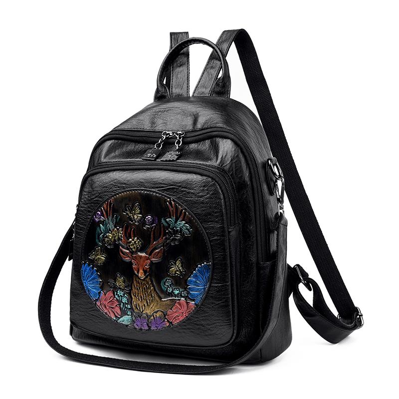 Printed Large Capacity Backpack Women's Retro PU Backpack