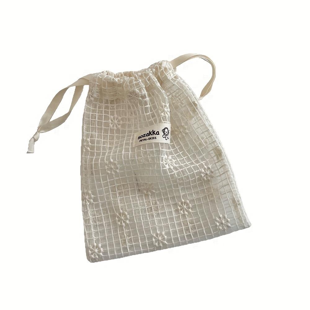 1pc Mesh Lace Embroidered Daisy Drawstring Storage Bag Cute Lightweight Travel Organizer for Skincare & Toiletries, Beige, Toiletry Travel Bag