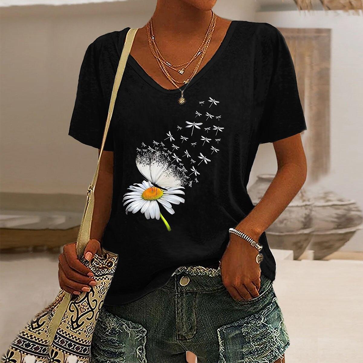 Women s T Shirt Print Butterfly Dandelion Basic Short Sleeve V Neck Regular Tops Weekend Blue Black Pink Purple Green Summer S