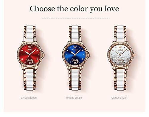 OLEVS Women's Stylish Mechanical Wristwatch with Ceramic and Rose Gold Band, Crystals, Easy-to-Read Dial, Date Display, Waterproof, Luminous Blue