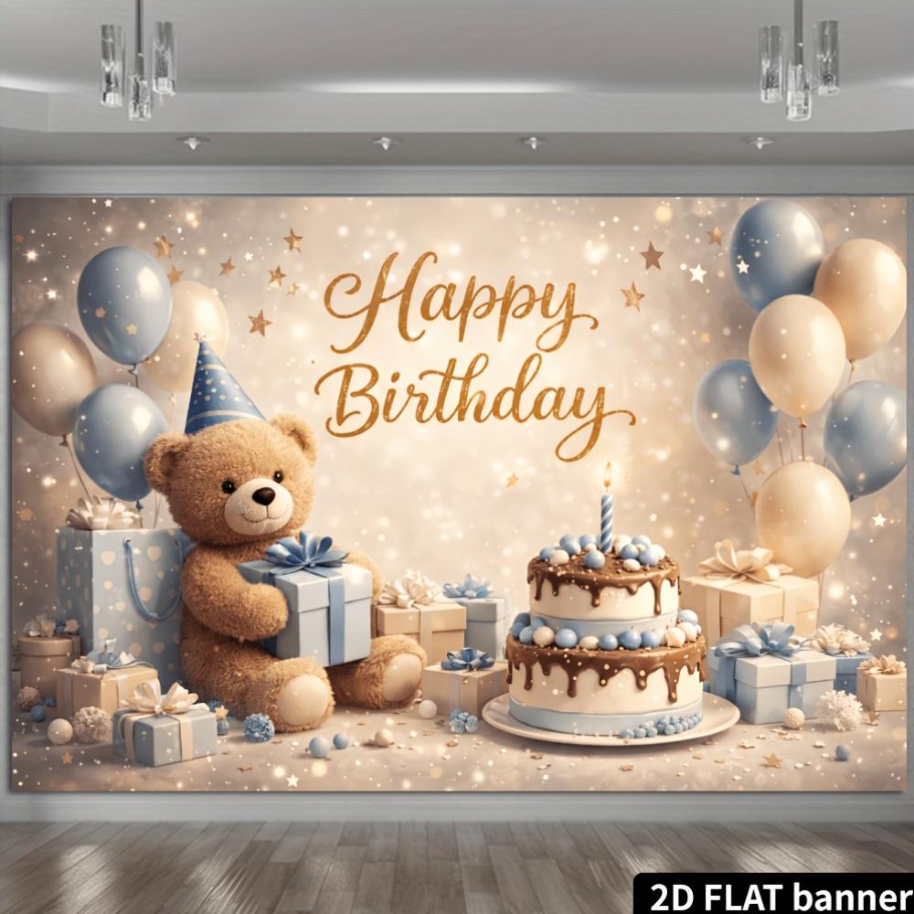 2D Ebene Teddybär Geburtstagsparty Hintergrundtuch - Blaue und Goldene Ballons - Happy Birthday Thema, Strapazierfähiges Polyester Material