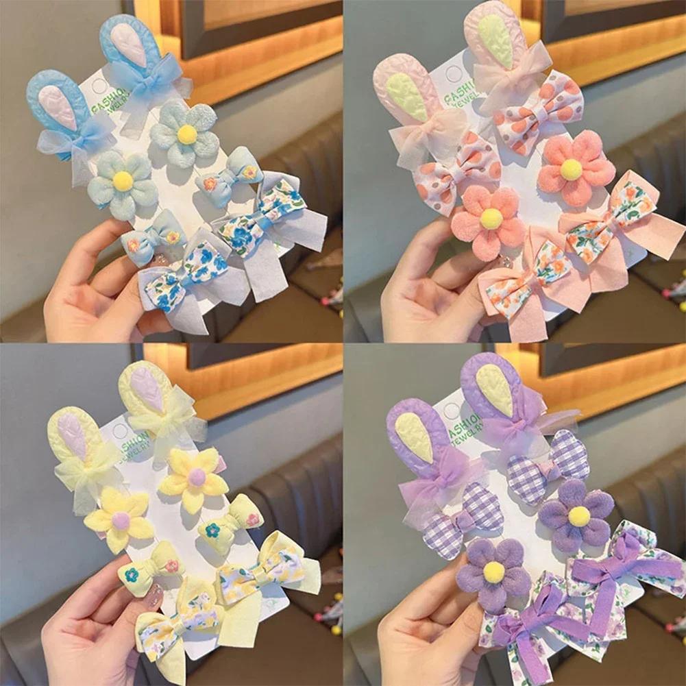 8pcs/set Cute Cartoon Rabbit Ear Hairpin Fabric Embroidery Flower Bowknot Hair Clips Girls Headwear Hair Accessories