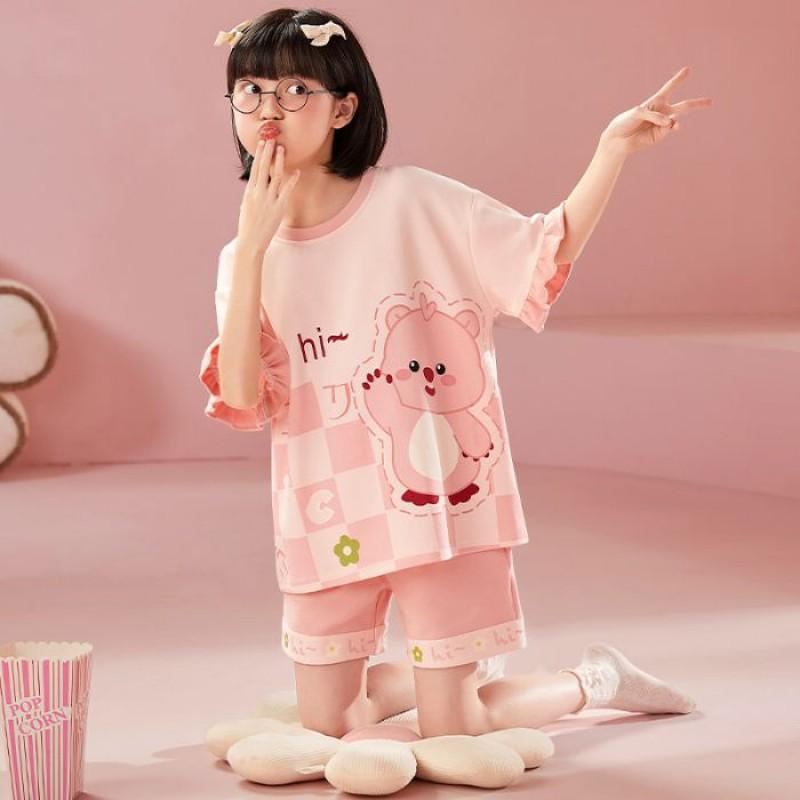 Girls Cotton Cartoon Pajama Set Short Sleeve Shorts Sleepwear Kids 8 Years