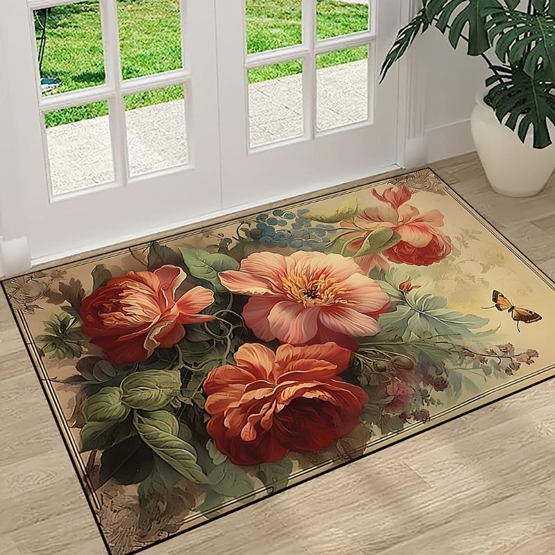 Retro Blumen Großer Teppich für Wohnzimmer Couchtisch Bodenmatte Rutschfest Waschbar Zuhause Küche Fußmatten Schlafzimmer Bereich Dekor Teppich