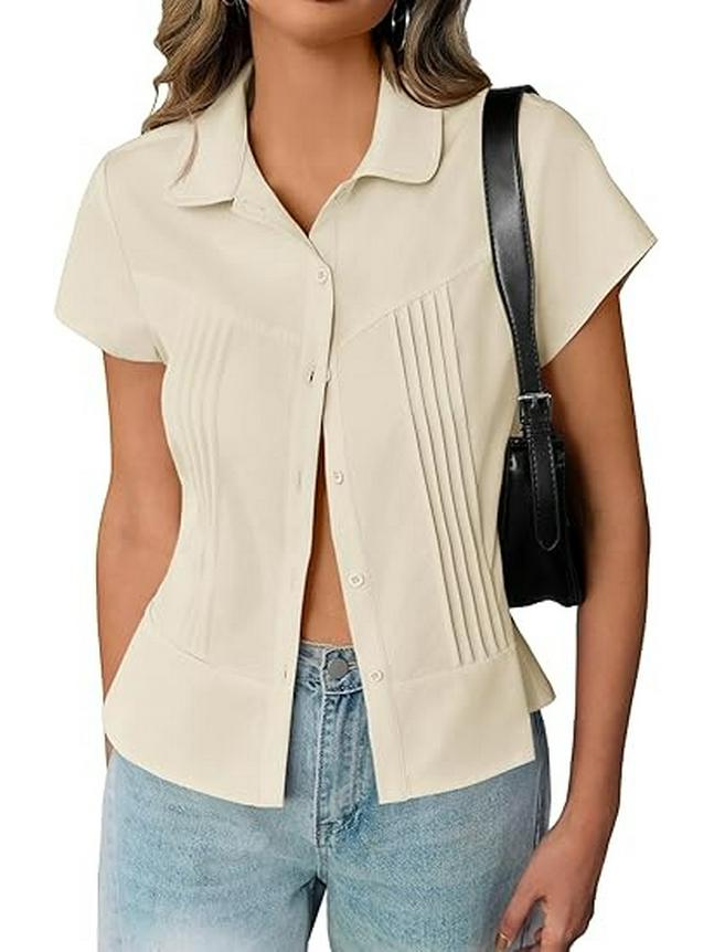 2026 Spring/Summer Retro Slim Solid Color Lapel Short Sleeve Women's Shirt