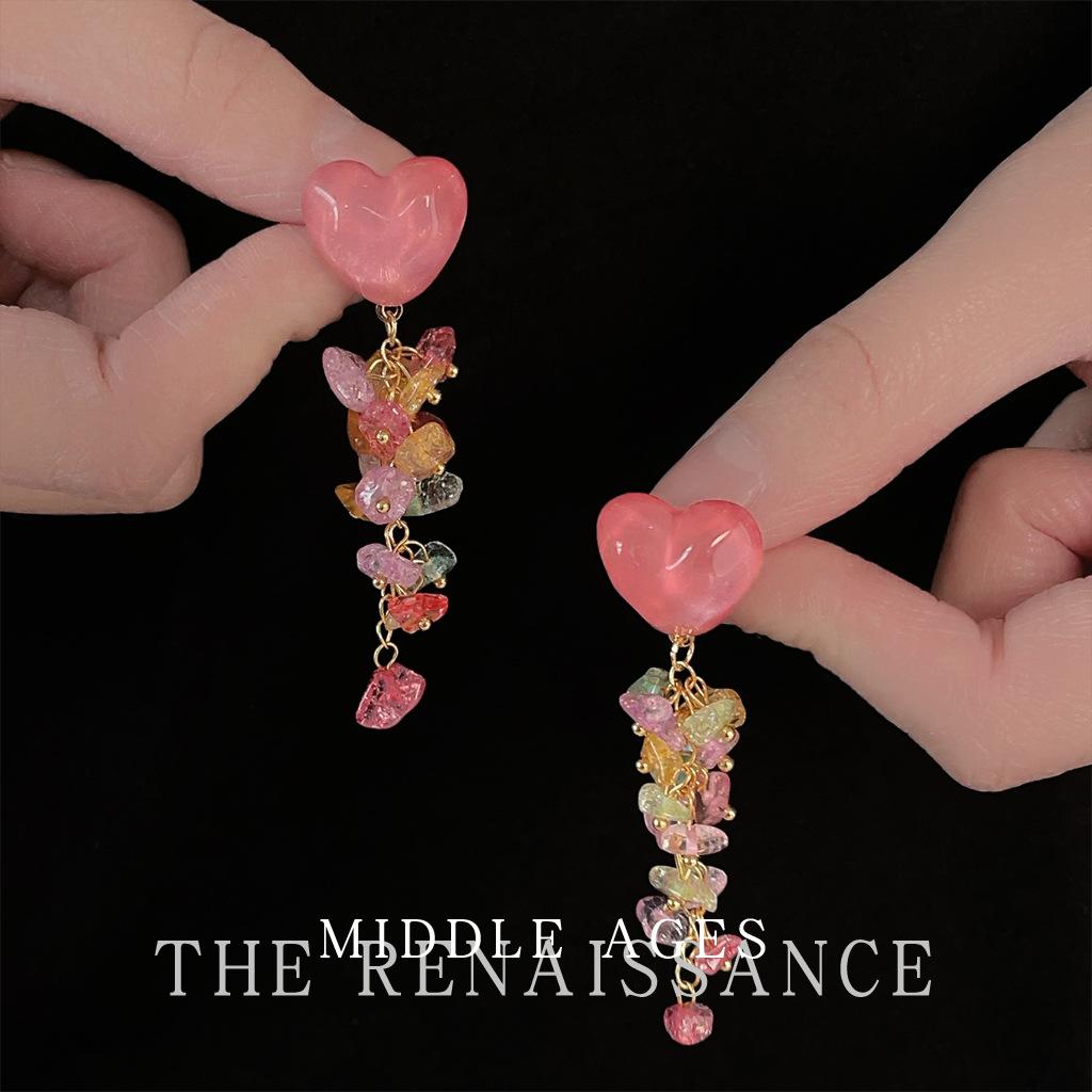 

Pink gravel love fringed stud earrings sweet small fresh long crystal earrings earrings