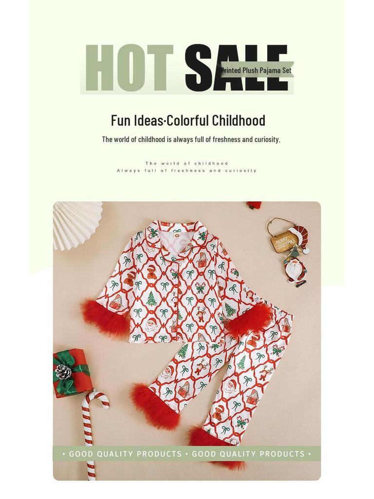 Autumn Christmas Long Sleeve Pajama Set - Children's Bow Print Homewear