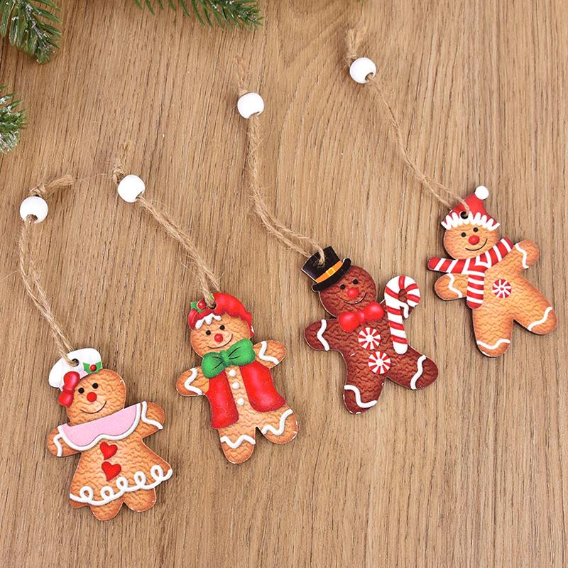 12pcs Christmas Wooden Gingerbread Man Pendants Christmas Tree Hanging Decor Simulated Cookies Wood Craft Xmas Party Home Supply