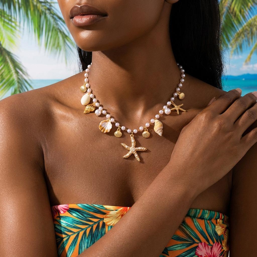 Starfish Necklace Pearl Seashell Conch Multi Charm Gold Necklaces for Women Fashion Jewelry Beach Summer Accessories Choker Gift
