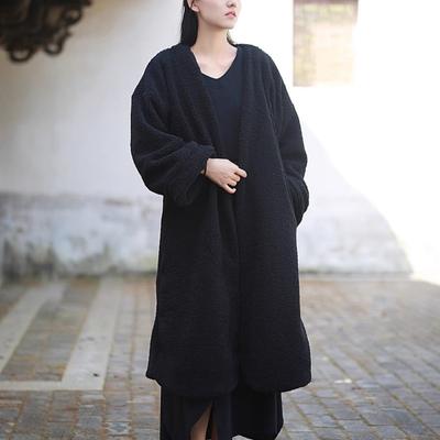 Damen Vintage Mäntel Einfarbig V-Ausschnitt Langarm Warme Kleidung Winter Weich Damen Lange Mäntel