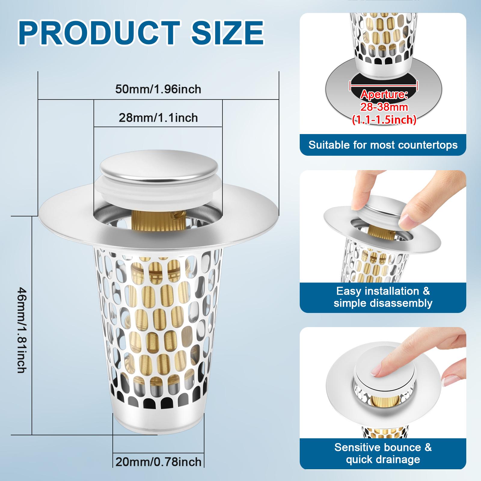 2Pcs Pop Up Sink Drain Strainer Stainless Steel Washbasin Plug Anti Odor Filter Basket Hair Catcher Leak Plug Floor Drain Filter