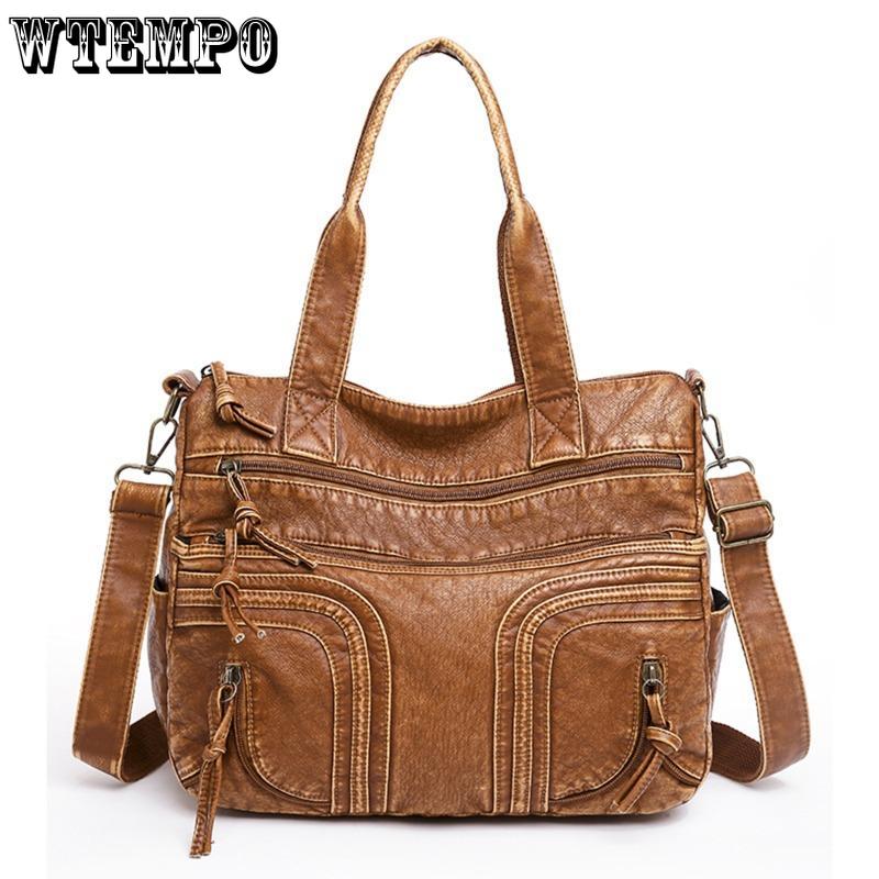 WTEMPO Retro sepraná kožená kabelka Módní Velkokapacitní vícekapsová Tote Bag Women