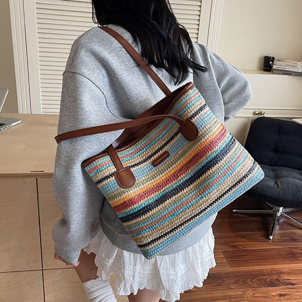 Beach Handbag Straw Woven Bag Parent Shoulder Bag Strip Shoulder Bag Bohemian Beach Bag  Streetwear