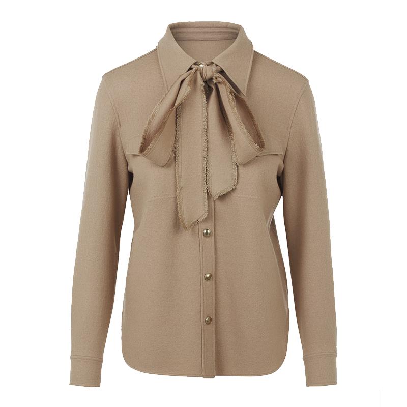 Langzi 100% Wool Detachable Ribbon Long-Sleeve Collared Shirt L