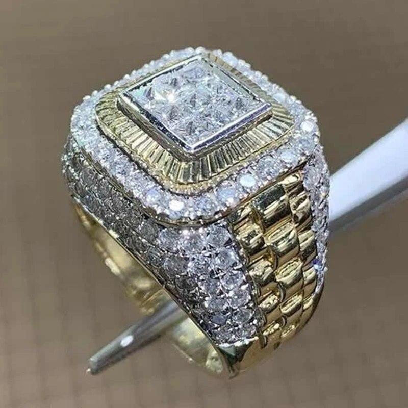 Fashion Gold Color 2.0 Carat White Crystal CZ Ring For Women Men Hip Hop Full Crystal Engagement Ring Wedding Band Party Jewelry