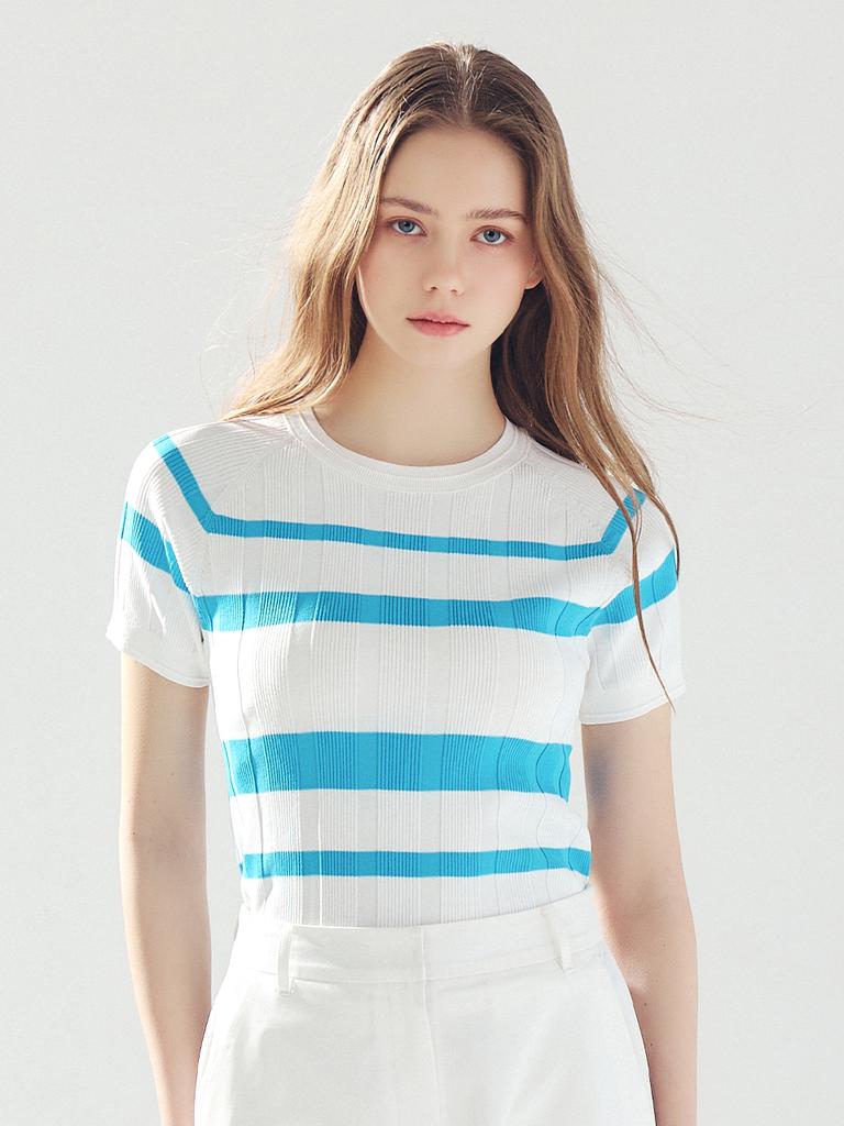Road Roar Striped Ribbed Round Knit Blue