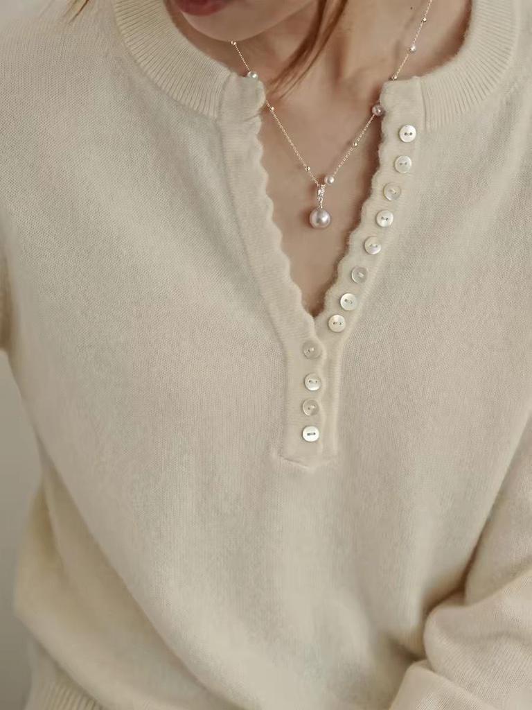 Women's Korean Style V-Neck Wool Sweater - Button-Up, Long Sleeve, Slimming, Versatile Knitwear Top
