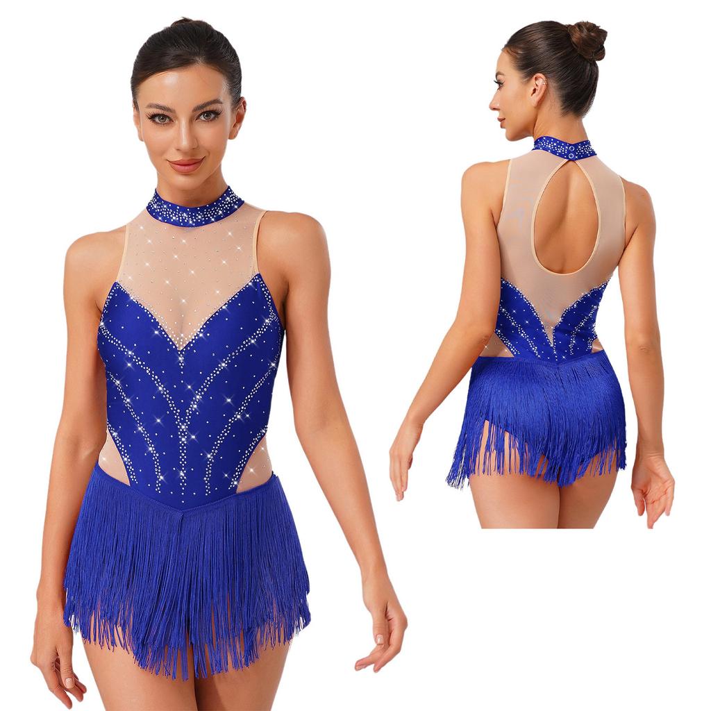Pailletten Fransen Body für Damen Neckholder Jazz Latin Tanz Samba Chacha Quaste Leotard Akrobat Kostüm
