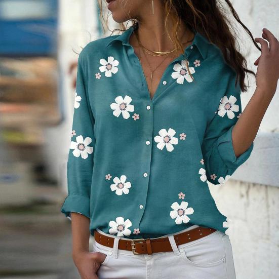 

Женская тонкая рубашка с лацканами и длинным рукавом, свободная рубашка, топы, однобортная повседневная рубашка с цветочным принтом, рабочая одежда L зелёный