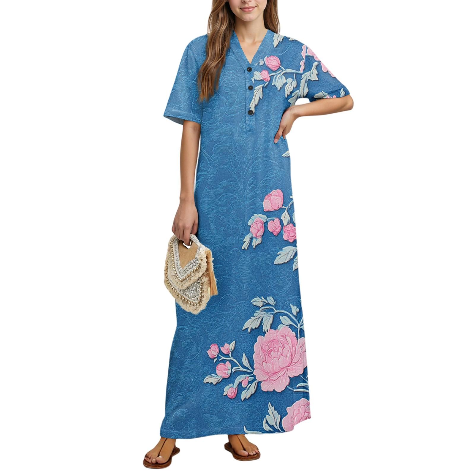 

Жіноча мода Принтована нічна сорочка Домашній одяг Нічна сорочка з коротким рукавом з кишенями Довга сукня M рожевий