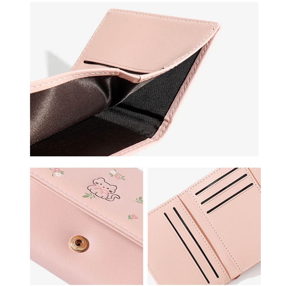 INS Style Cute Cat Short Wallet Flowers Pattern PU Leather Coin Purse Tri-fold Mini Wallet Gifts
