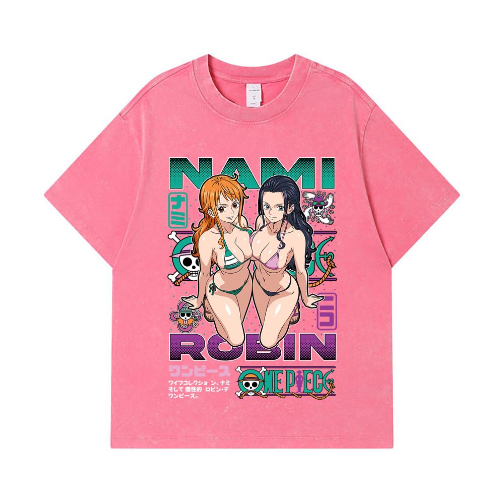 275 GSM Washed T-shirts 100% Cotton One Piece V54 Nami Robin Print Unisex Heavy Cotton T Shirt