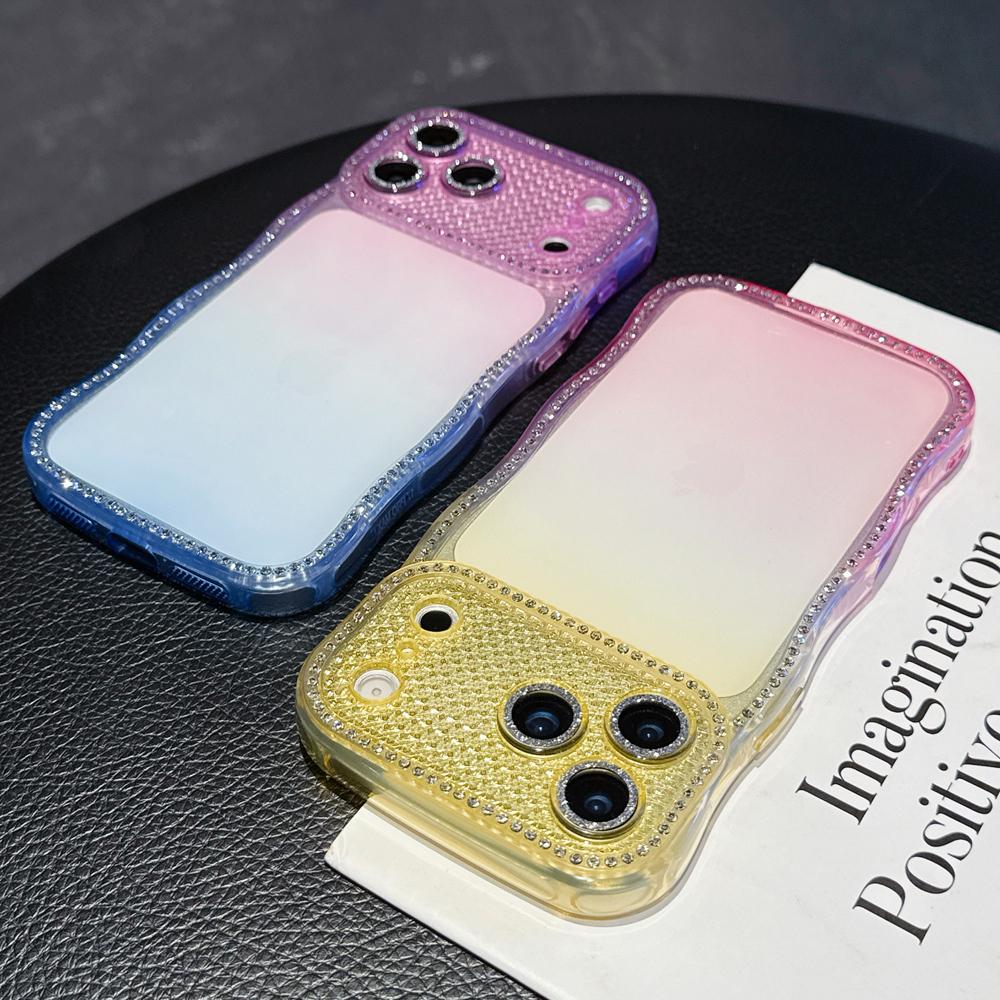 KEYSION Rhinestone Phone Case for iPhone 13 14 15 16 17 Pro Max 17 Air 16 Plus Transparent Wavy Lens Protector Shockproof Back Cover