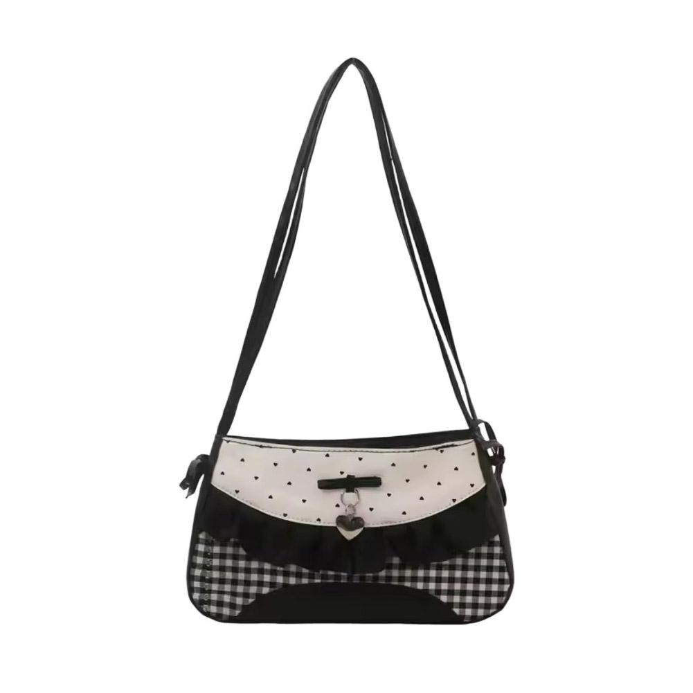 Casual French Lace Bow Shoulder Bag Niche Design Sweet Plaid Women Stylish Tote Purse Lace Ribbon Cloth Underarm Bag
