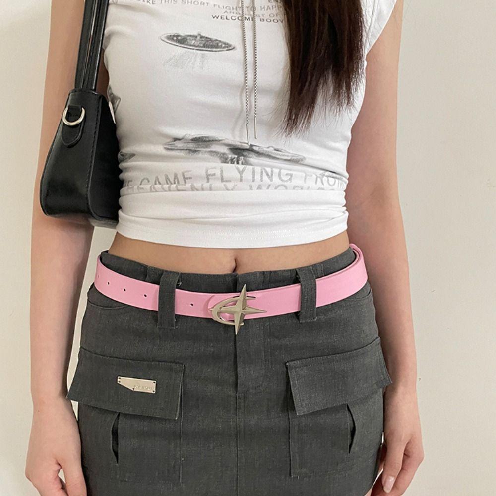 Metal Cross Star Buckle Belts Zinc Zinc Alloy Waistband Fashion Leather Belt  Women
