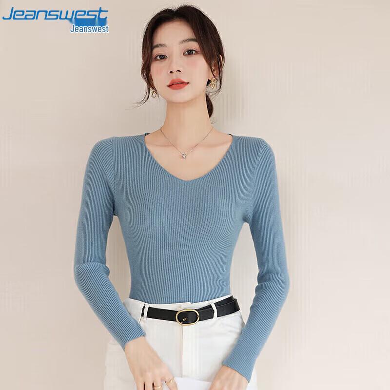 

JEANSWEST Women s Slim V-Neck Long Sleeve Knit Top One Size