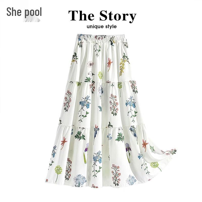 Garden Print High-Waist A-line Midi Skirt One Size